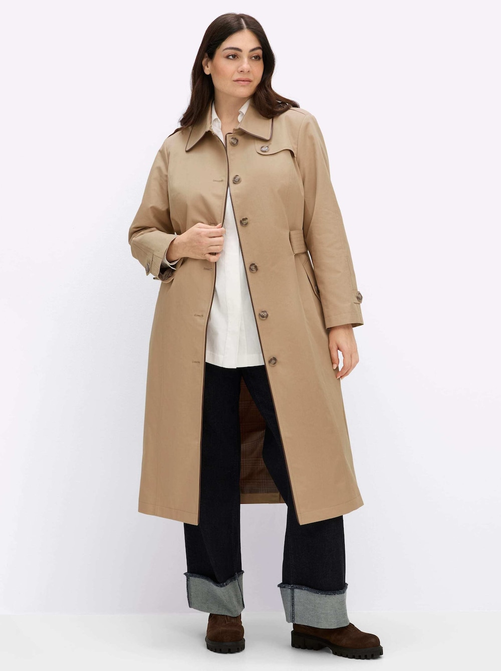 Trenchcoat Trenchcoat mit Kunstleder-Paspeln Umlegekragen