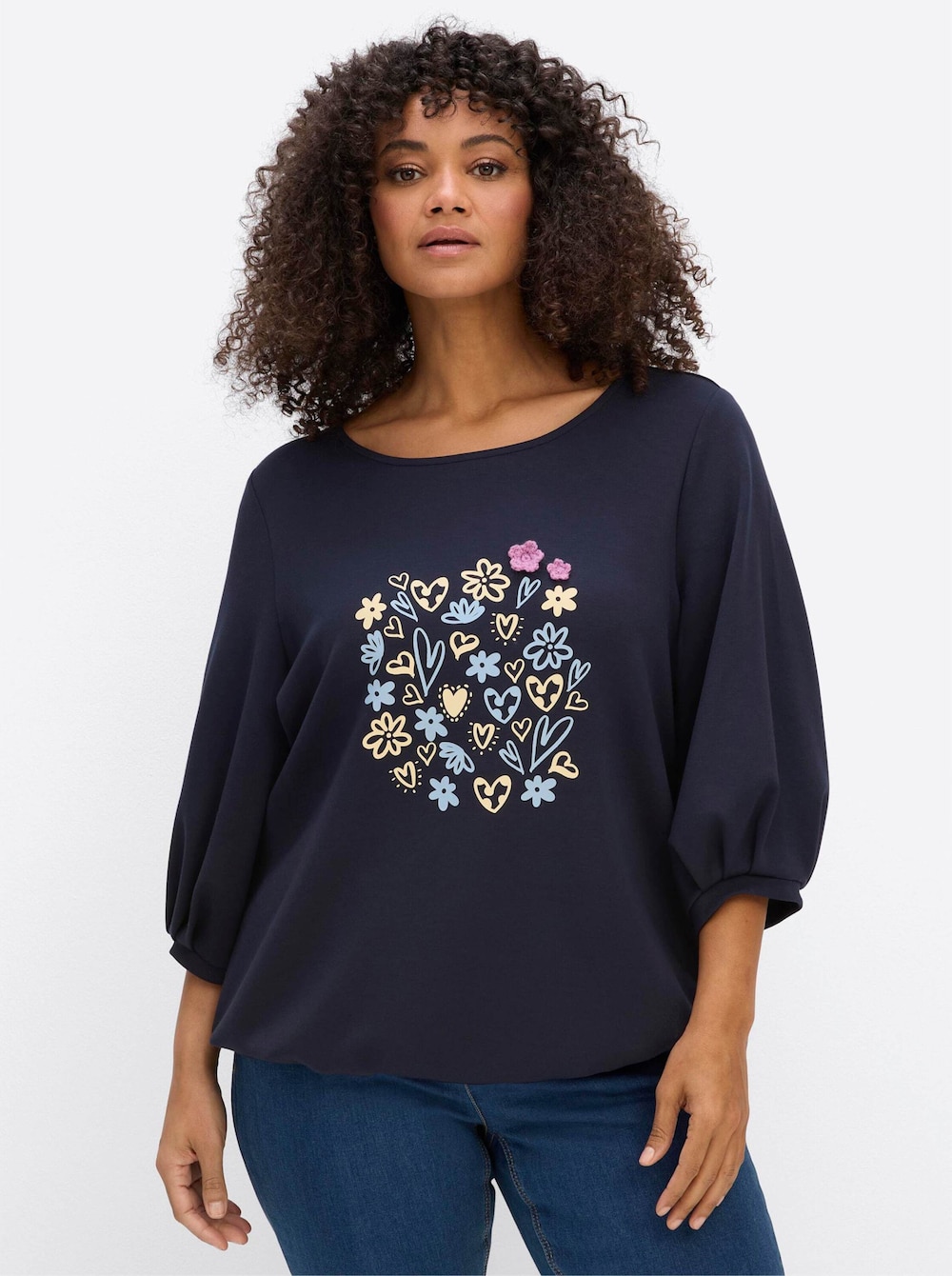 Sweatshirt Sweatshirt mit Frontprint und Häkelblumen 3/4-Arm Ohne Kragen