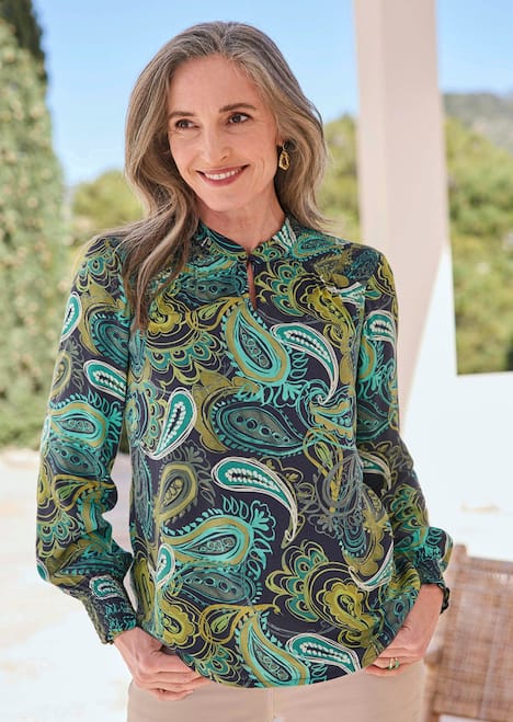 Viskose-Satin-Bluse mit Paisley-Muster