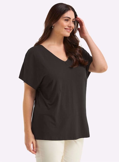 Halbarmshirt V-Shirt mit Raffungen an der Schulternaht Kurzarm