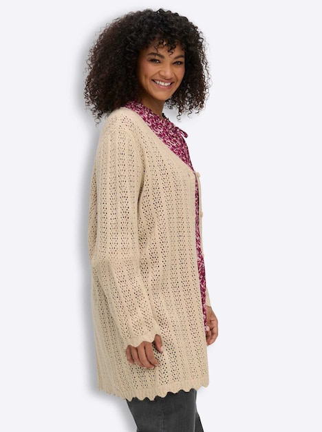Long-Strickjacke Longstrickjacke mit Ajourmuster Langarm Ohne Kragen