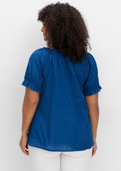 Kurzarmbluse Kurzarm-Bluse mit Lochstickerei und Carmen-Ausschnitt Kurzarm Uni