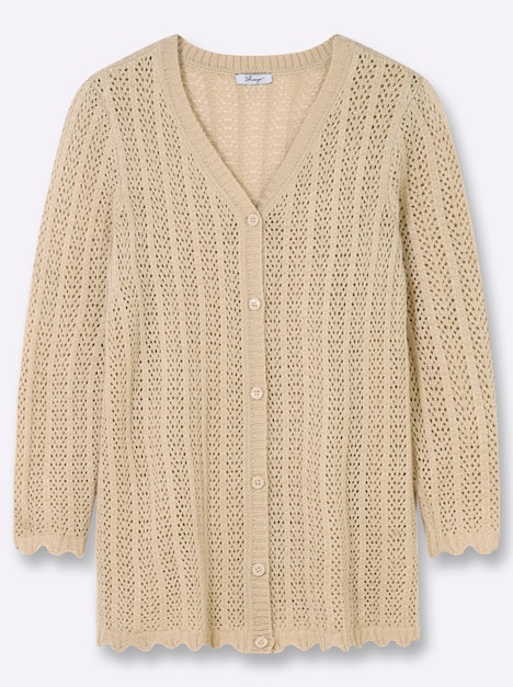 Long-Strickjacke Longstrickjacke mit Ajourmuster Langarm Ohne Kragen
