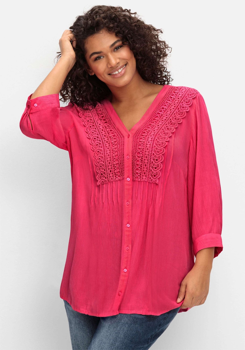 Longbluse 3/4-Arm Uni Ohne Kragen