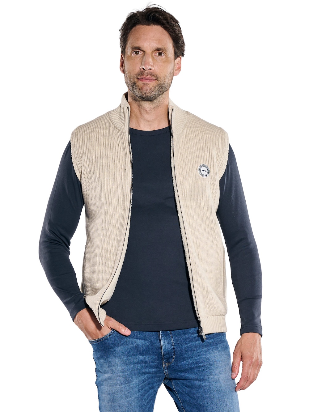 Herren Wende-Strickweste mit Reißverschluss , Creme