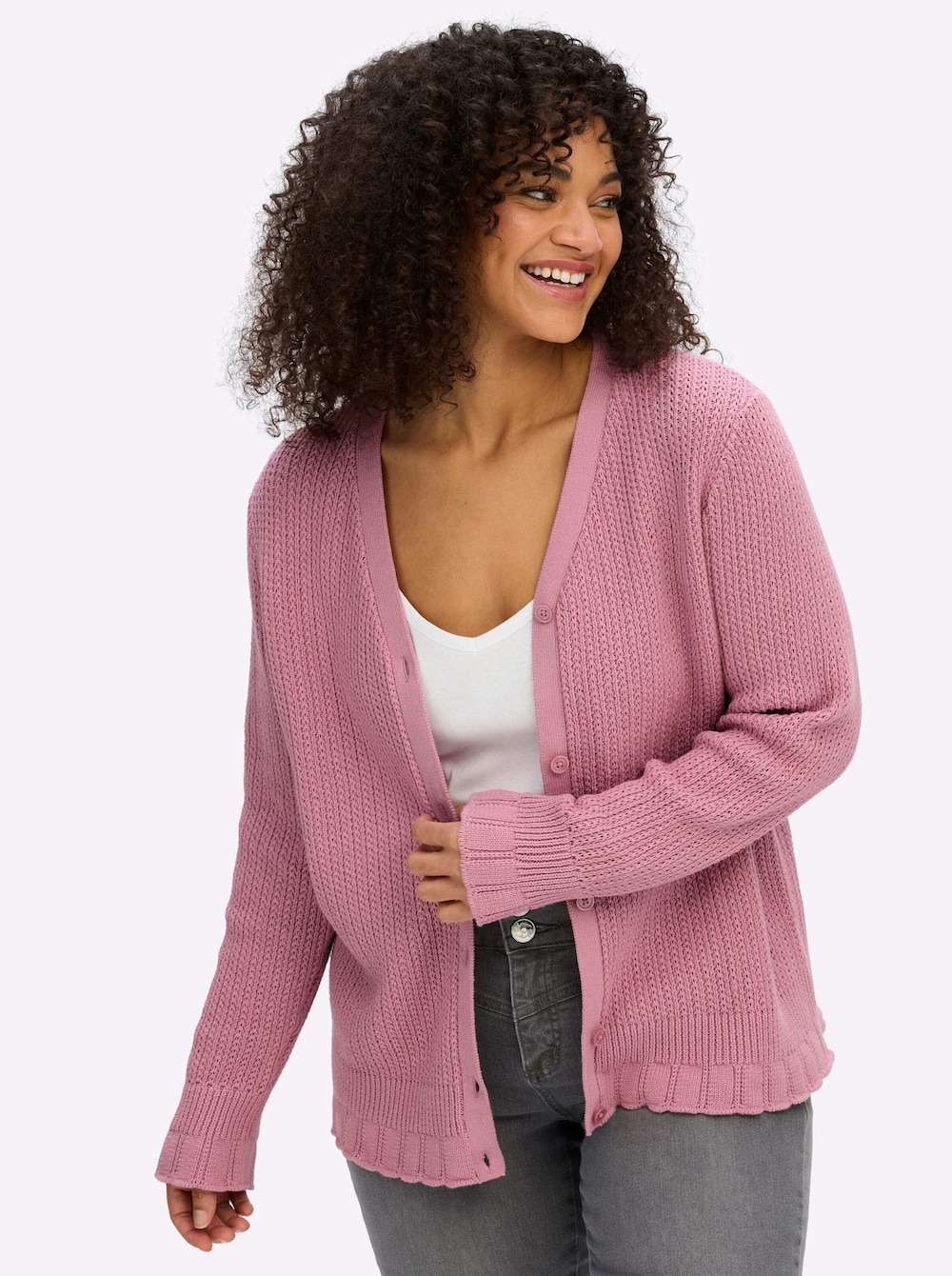 Strickjacke Langarm Ajour Ohne Kragen