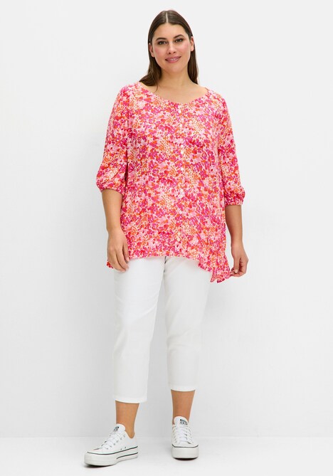 Druckbluse 3/4-Arm Blumen Ohne Kragen