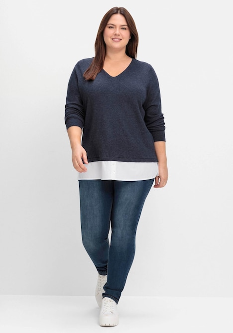 Strickpullover Feinstrickpullover mit Blusen-Einsatz am Saum Langarm Uni Ohne Kragen