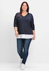 Strickpullover Feinstrickpullover mit Blusen-Einsatz am Saum Langarm Uni Ohne Kragen