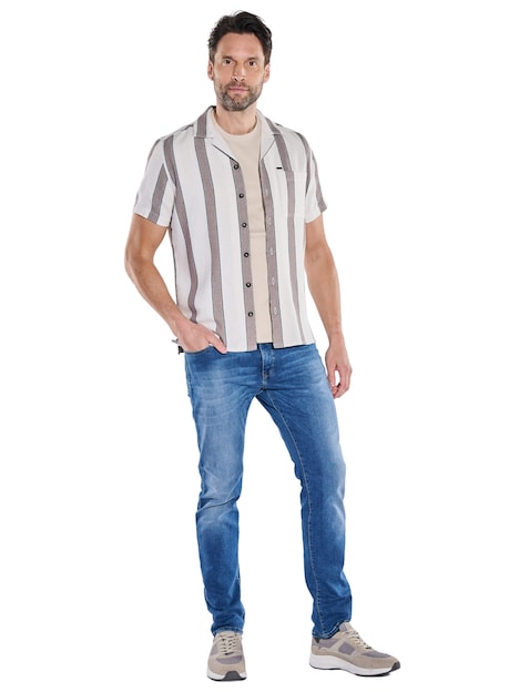 Herren Gestreiftes Overshirt mit Hawai-Kragen , Beige