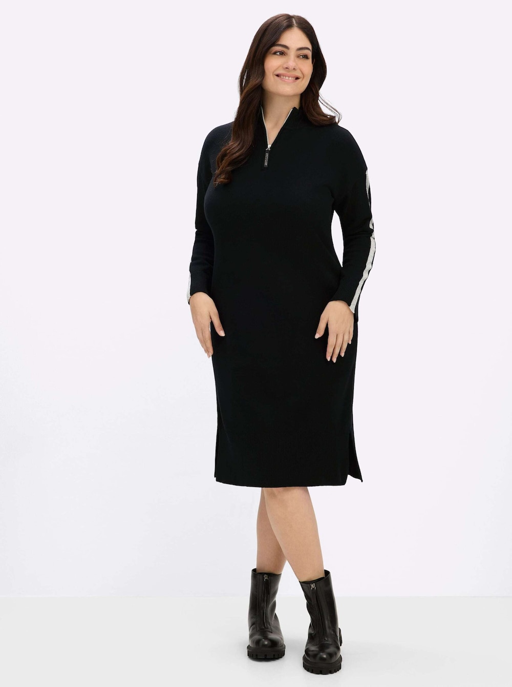 Strickkleid Strickkleid mit Lurexstreifen am Ärmel Langarm Stehkragen