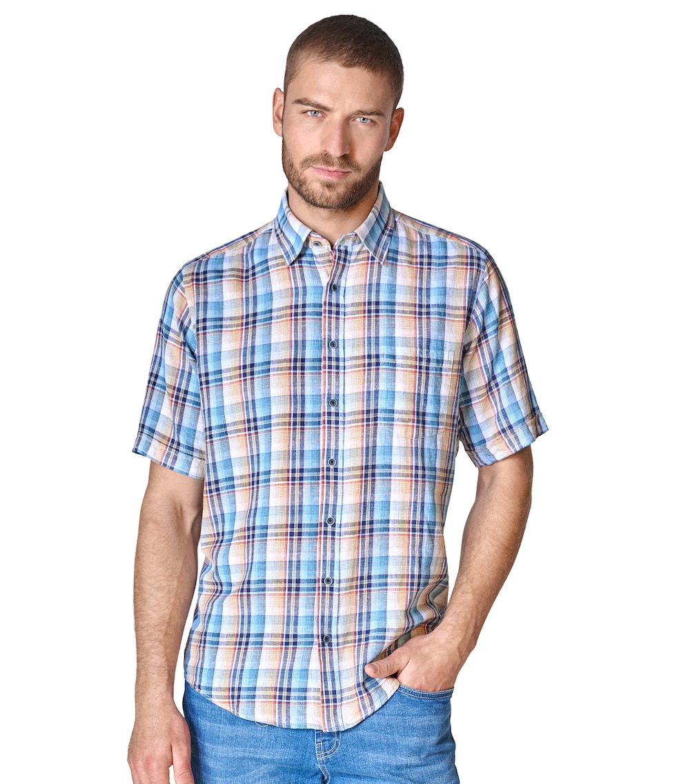 Leinenhemd Kurzarm kariert Casual Fit