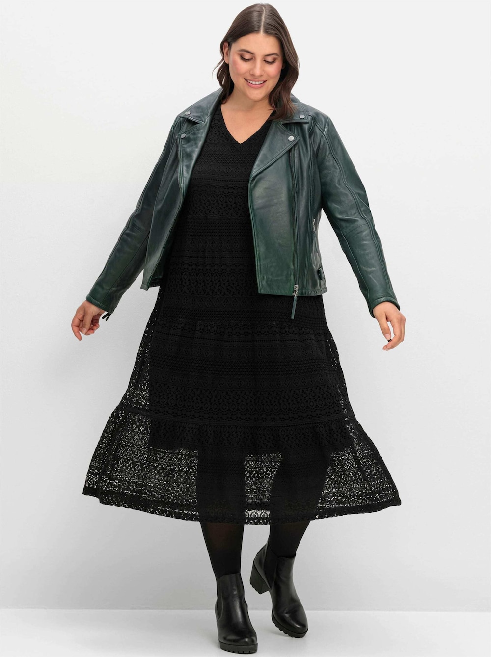 Spitzenkleid 3/4-Arm Uni Ohne Kragen