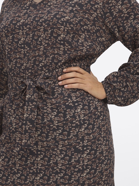 Webkleid Webkleid mit Minimalprint und Bindegürtel Langarm