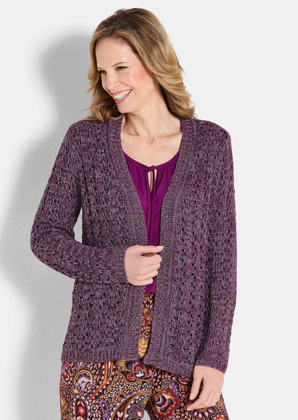 Pflegeleichte Ajour-Strickjacke mit Lurex