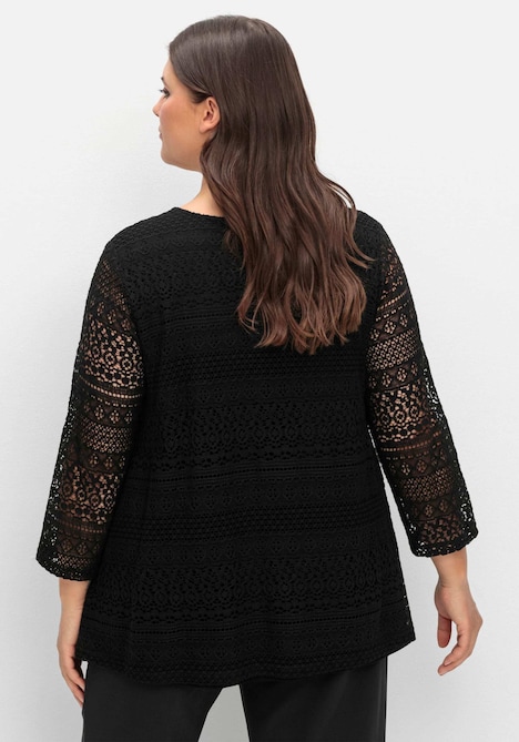 Spitzenshirt 3/4-Arm-Shirt aus elastischer Spitze, gefüttert 3/4-Arm Uni Ohne Kragen