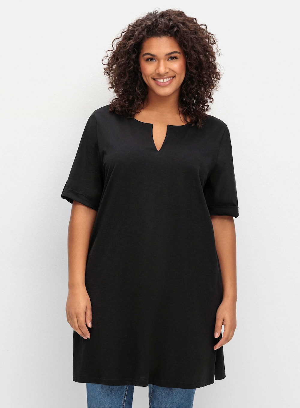 Longshirt Kurzarm Uni Ohne Kragen