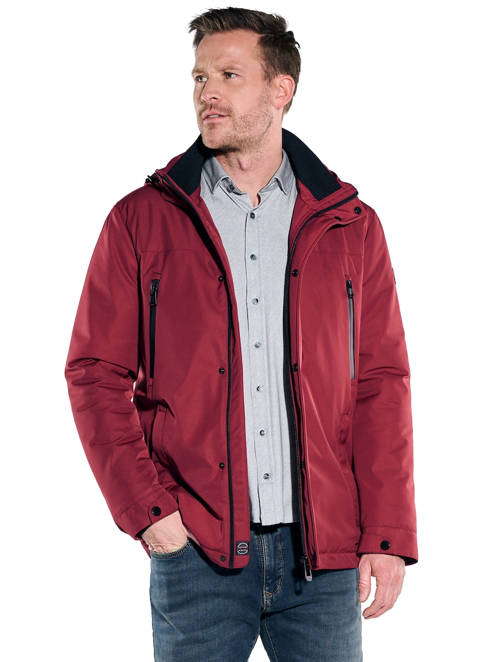 Herren Funktionsjacke mit abnehmbarer Kapuze , Dunkelrot