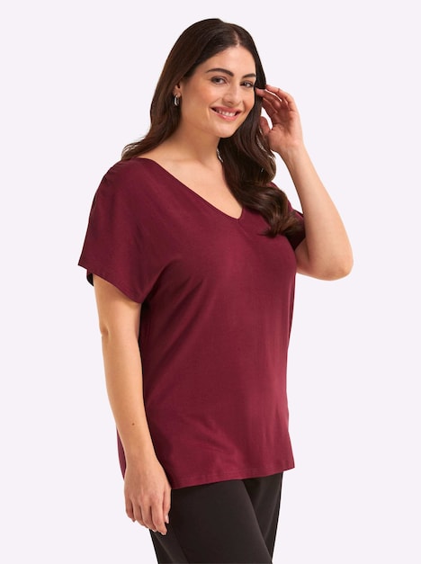 Halbarmshirt V-Shirt mit Raffungen an der Schulternaht Kurzarm