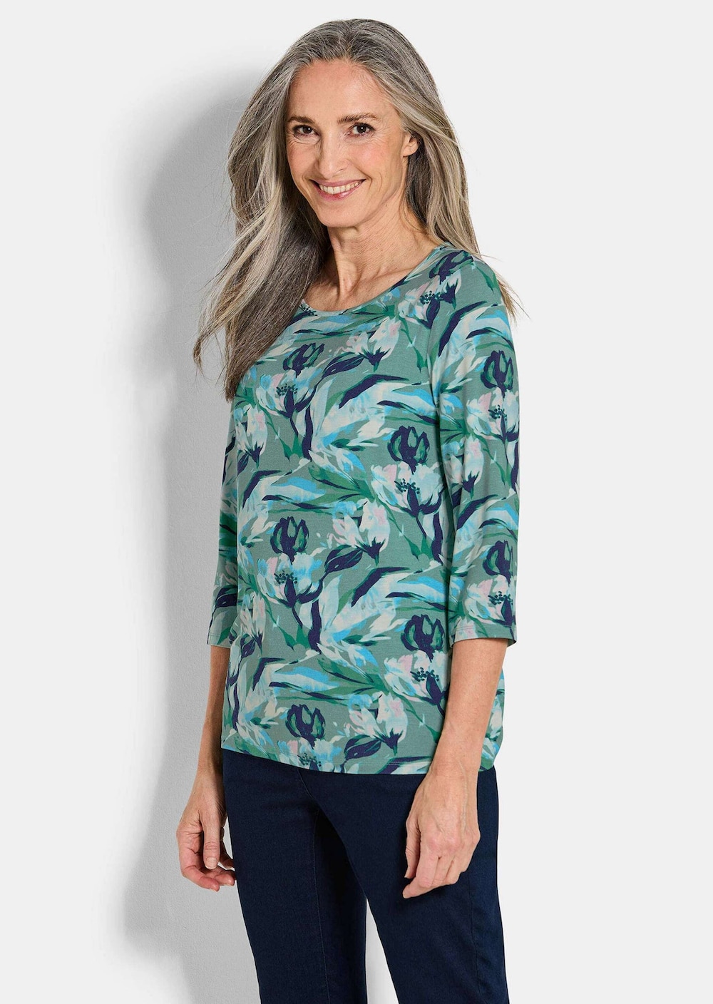 Viskoseshirt floral, U-Boot-Ausschnitt