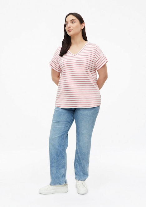 Gestreiftes Jersey-T-Shirt mit V-Ausschnitt