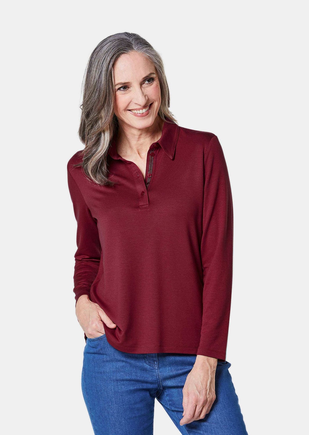 Langarm Poloshirt mit Schmuckband an Knopfleiste
