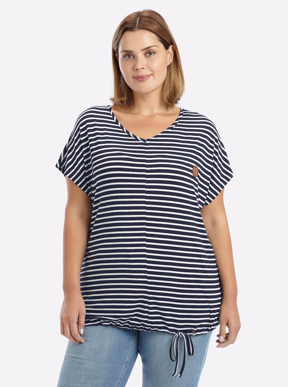 Kurzarm-Shirt Ringelshirt mit Bindeband am Saum Kurzarm