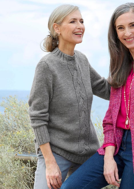 Hüftlanger Langarm Pullover, Zopfstrick