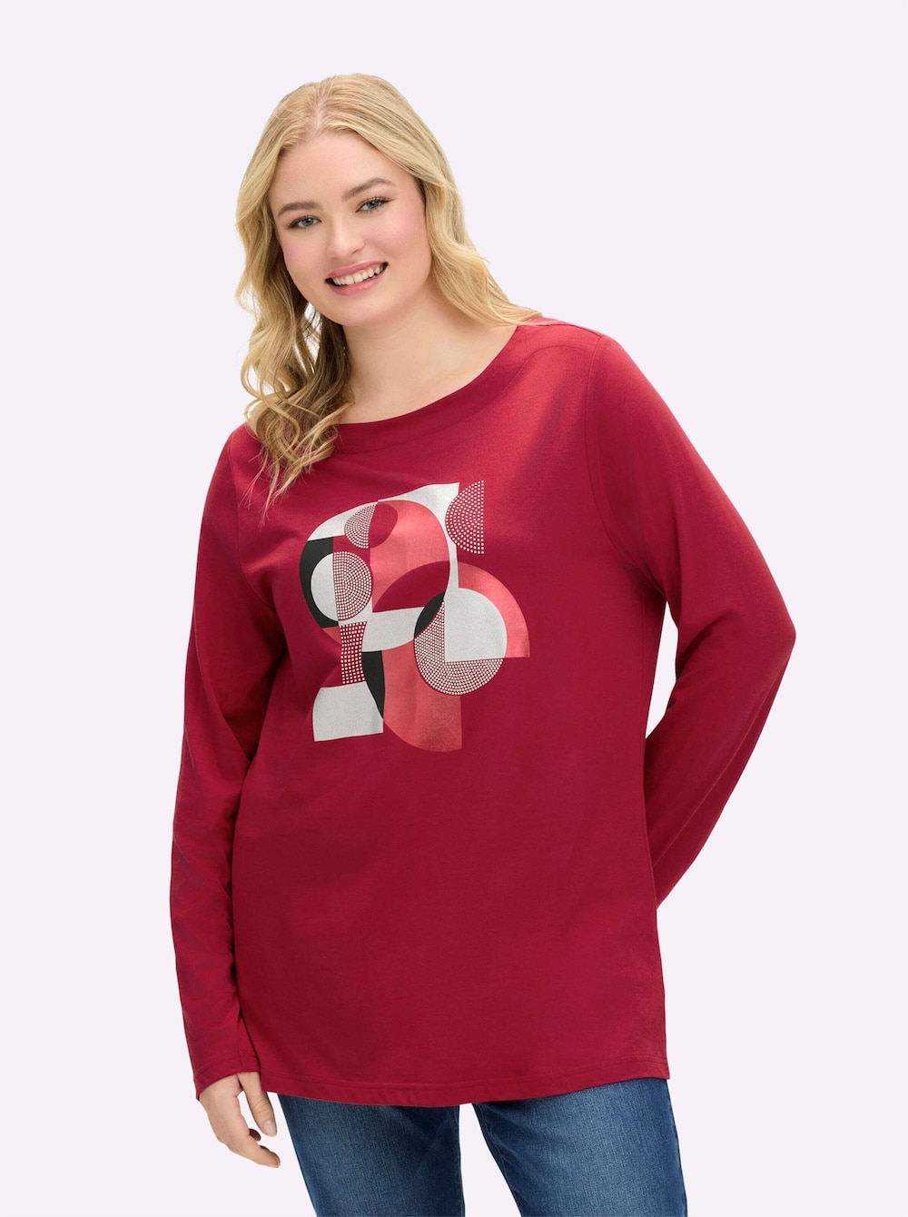 Langarm-Shirt Langarmshirt mit Grafikprint und Glitzersteinchen Langarm Sonstiges Muster Ohne Kragen