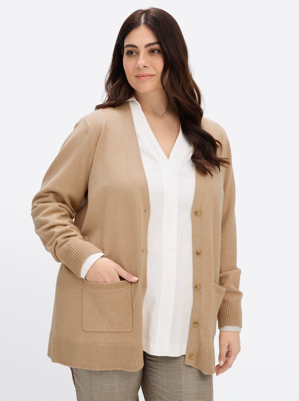 Cardigan Strickjacke mit Ziersteinchen Langarm Ohne Kragen