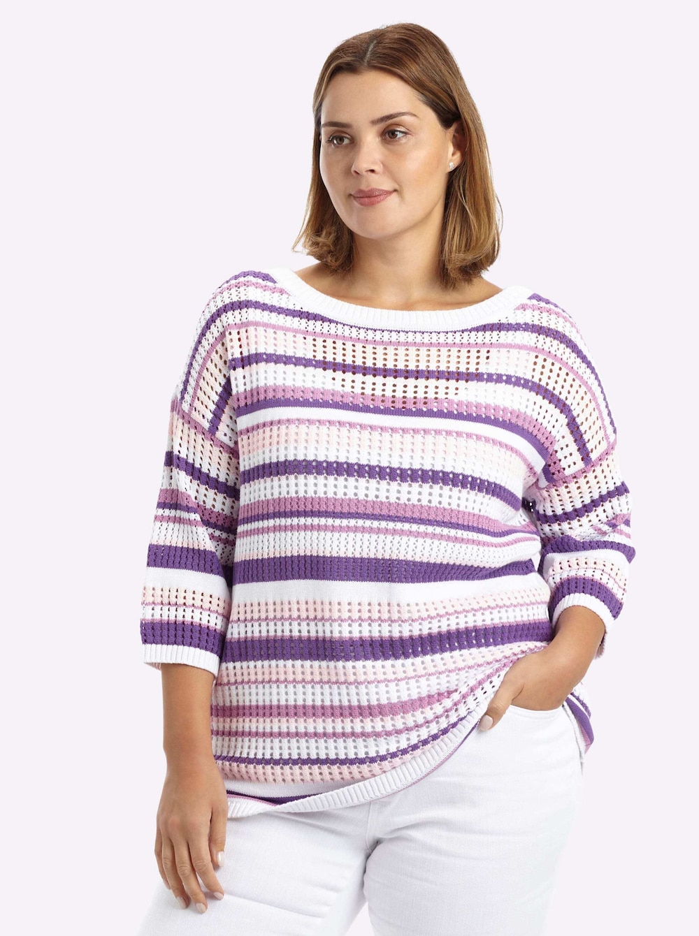 3/4-Arm-Pullover 3/4-Arm Ajour Ohne Kragen