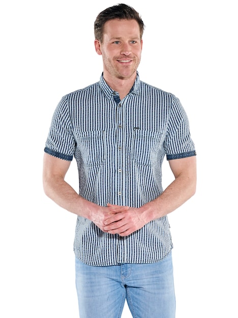 Herren Kurzarmhemd Seersucker mit Streifen , Indigoblau