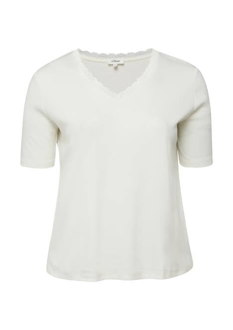 Ripp-T-Shirt mit Spitze am Ausschnitt