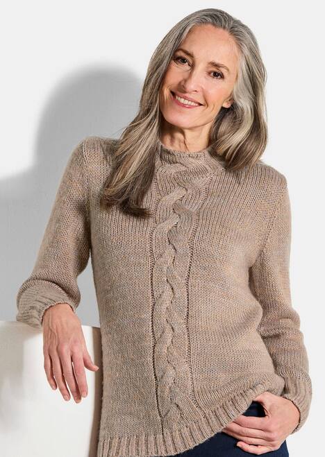 Hüftlanger Langarmpullover, Zopfstrick