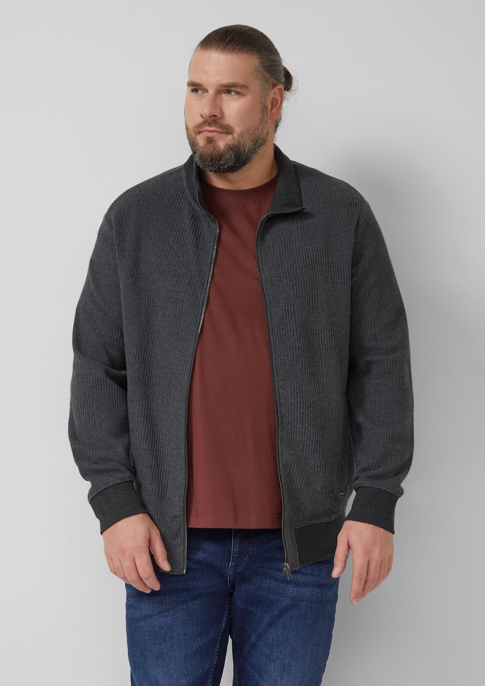 Strukturierte Sweatshirtjacke mit Stehkragen