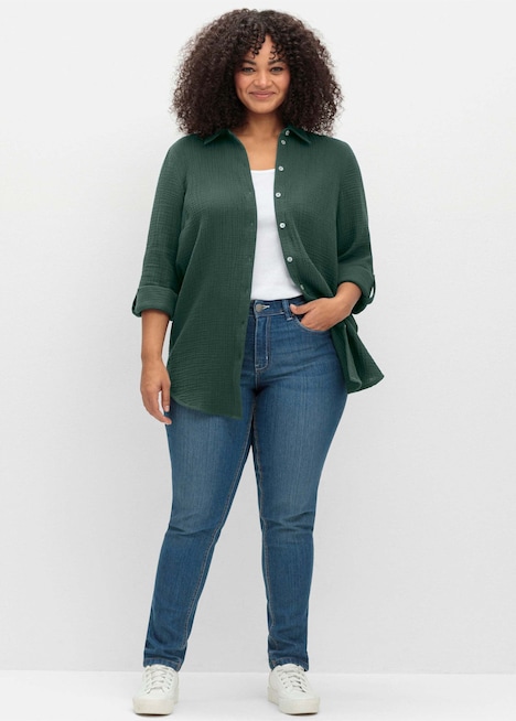 Hemdbluse Baumwollbluse in Musselinqualität Langarm Uni Hemdkragen