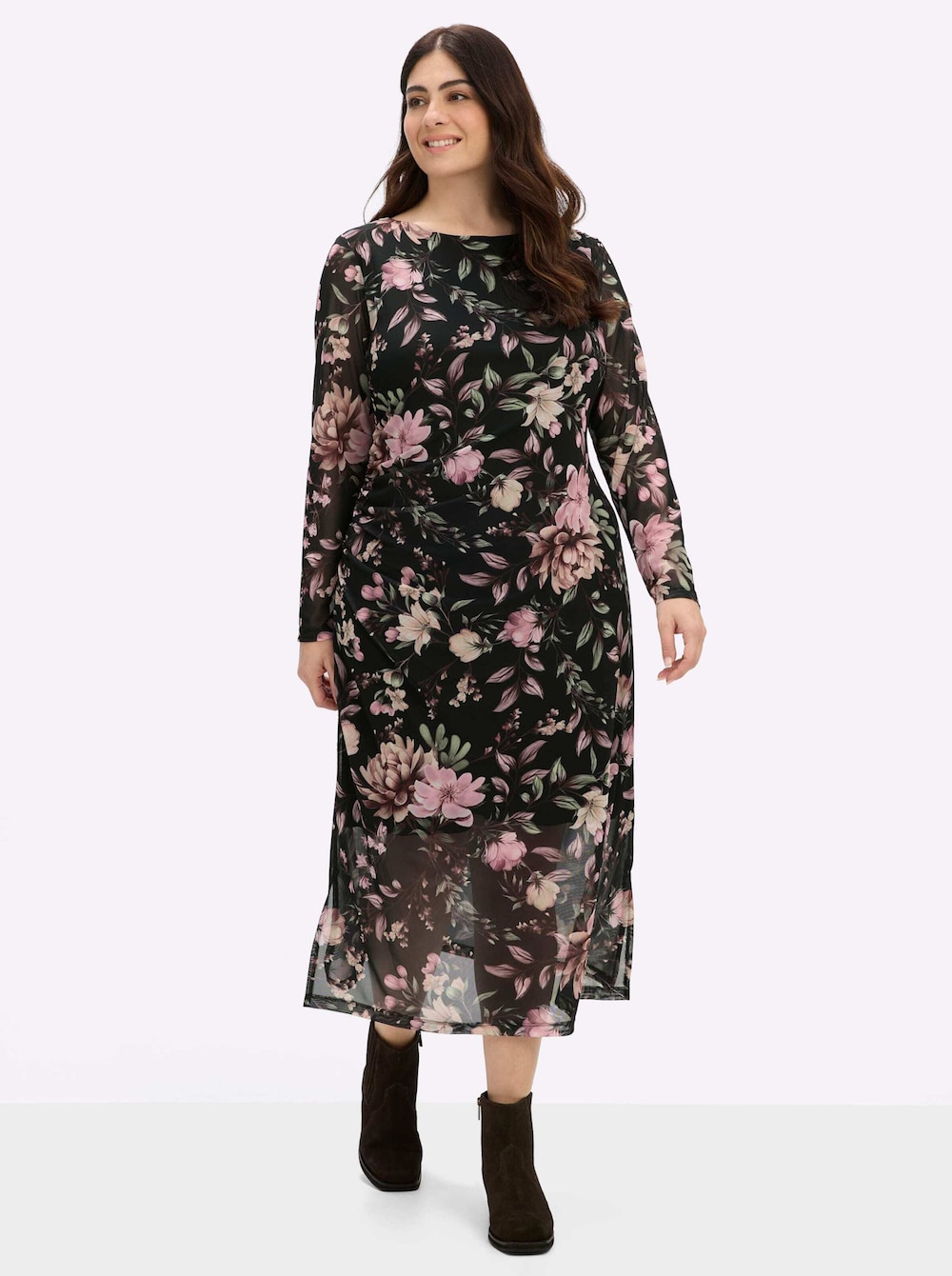 Mesh-Kleid Blumenkleid aus Mesh-Qualität Langarm Ohne Kragen