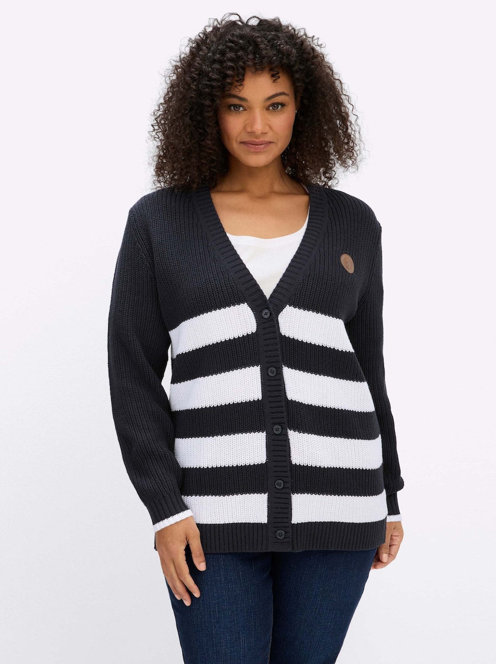 Cardigan Strickjacke mit Kontraststreifen Langarm Ohne Kragen