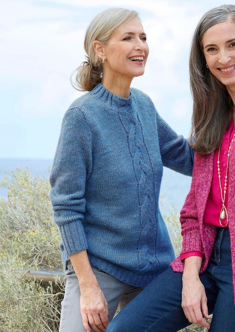 Hüftlanger Langarm Pullover, Zopfstrick