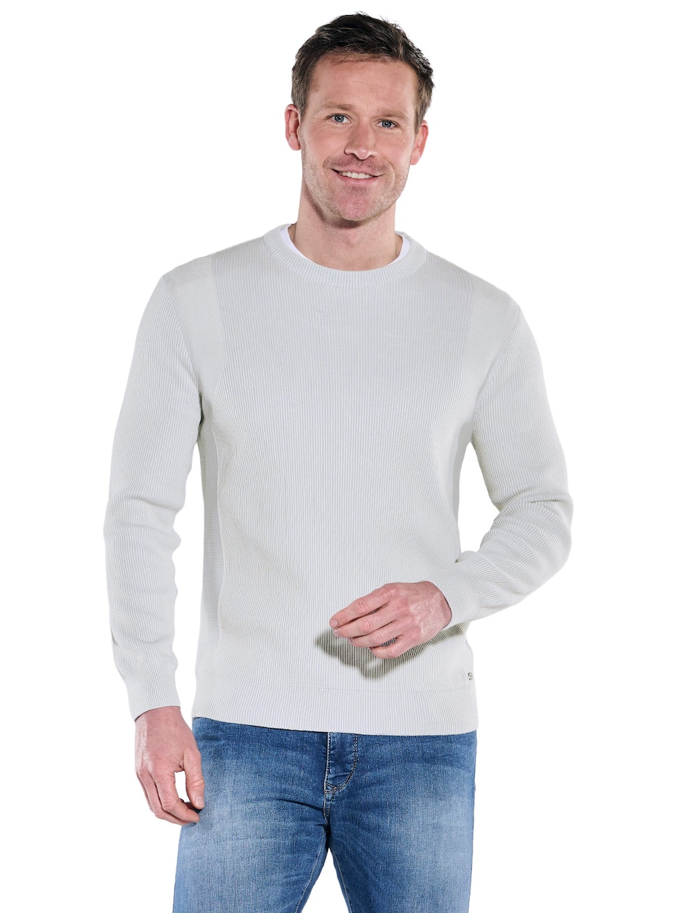 Herren Rundhals Pullover mit Rippstruktur , Hellgrau