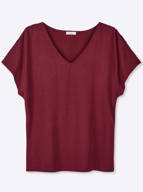 Halbarmshirt V-Shirt mit Raffungen an der Schulternaht Kurzarm