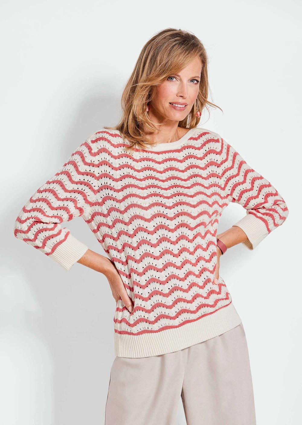 Ringelpullover mit 3/4-Arm und Ajourdetails