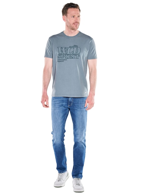 Herren Rundhals-T-Shirt mit Stickerei , Mittelblau