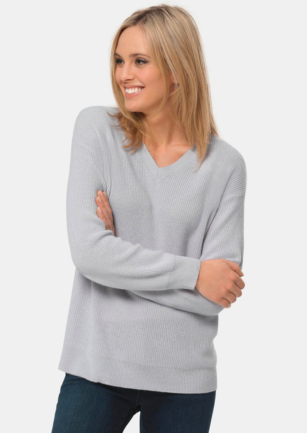 Kaschmirpullover in Patentstrick mit V-Ausschnitt