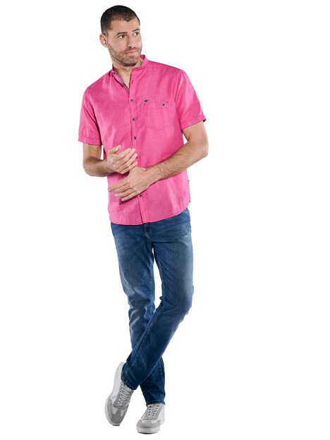 Herren Kurzarm-Hemd mit Leinenanteil , Pink