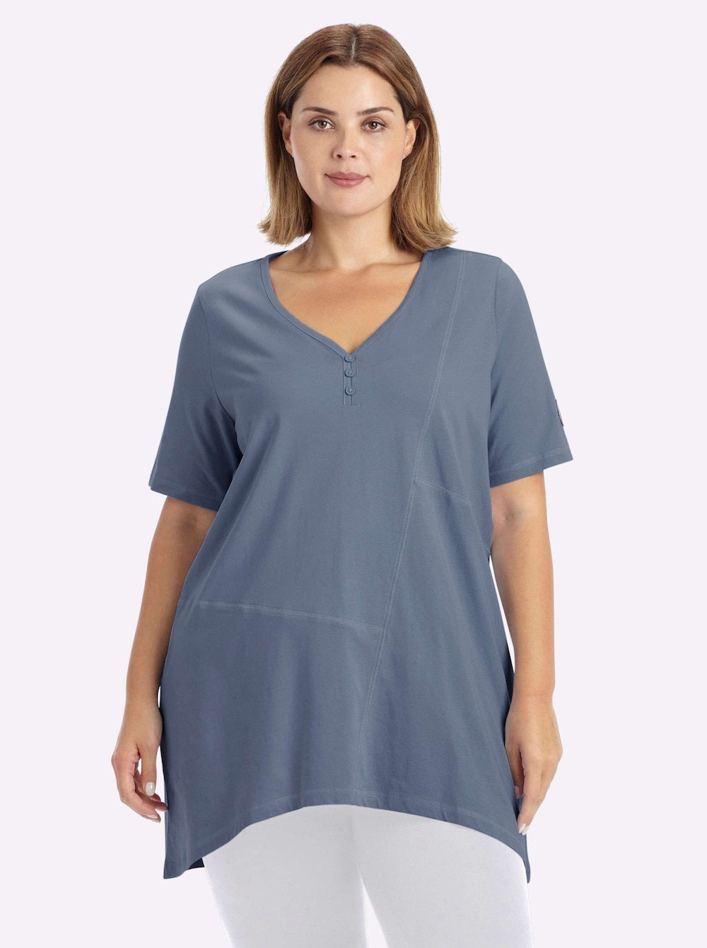 Halbarmshirt Longshirt mit gerundetem Saum Kurzarm