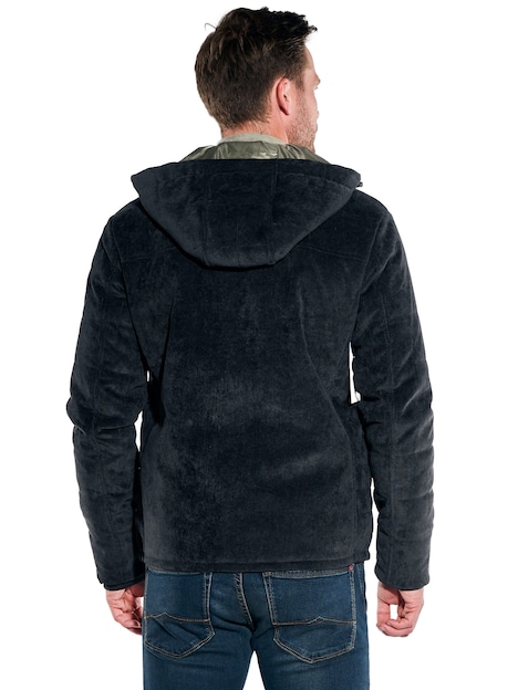 Herren Cord-Jacke mit abnehmbarer Kapuze , Schwarz