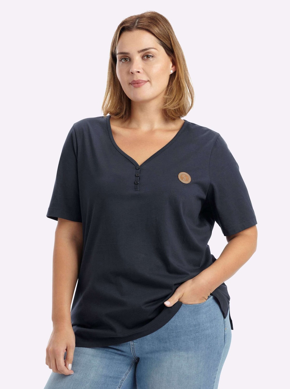 Kurzarm-Shirt V-Shirt mit kurzer Zierknopfleiste Kurzarm Ohne Kragen