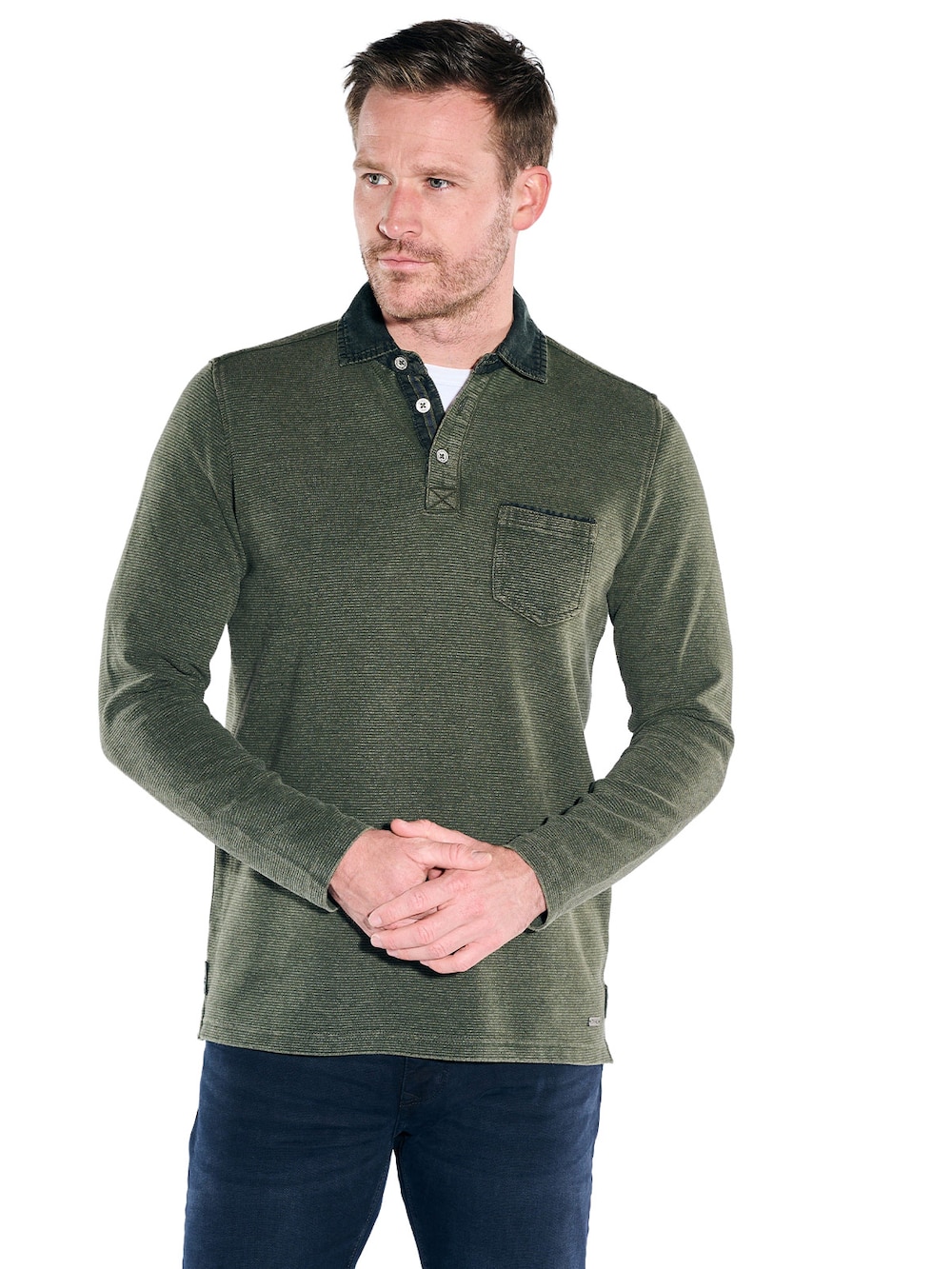 Herren Poloshirt langarm , Dunkelgruen