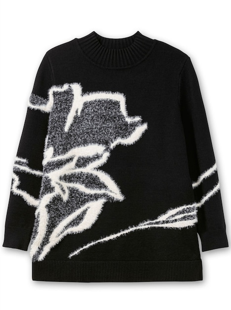Stehkragenpullover Langarm Grobstrick Blumen Stehkragen